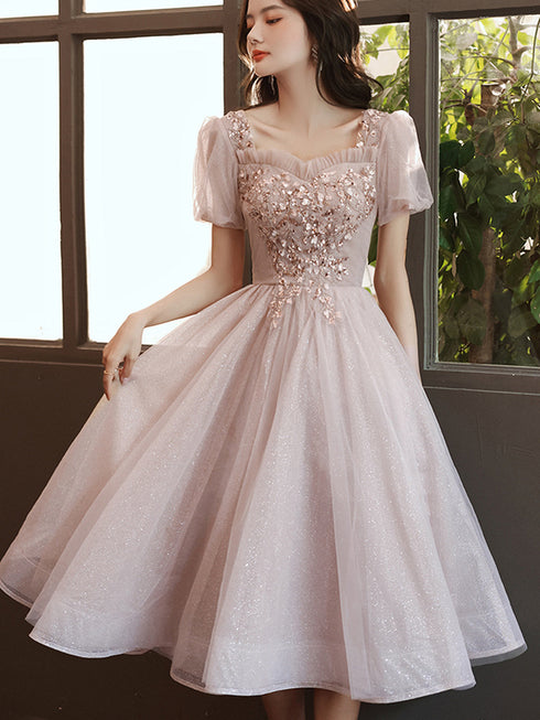 Pink Tulle Short Sleeves Beaded Knee Length Party Dress, Pink Tulle Homecoming Dress